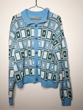 Vintage 70s Blue Geometric Button-Up Sweater Cardigan